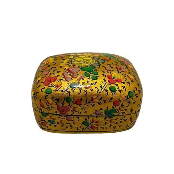 Vintage Kashmir Homemade Trinket Box Black Lacquered Floral Design 3.5 X 2.5 In. - Picture 1 of 9